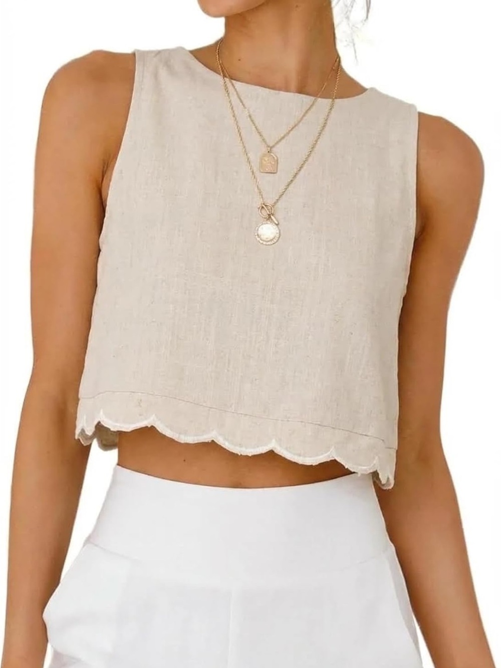 IDEALSANXUN Linen Blend Scalloped Hem Boatneck Tank — Size M 🌾